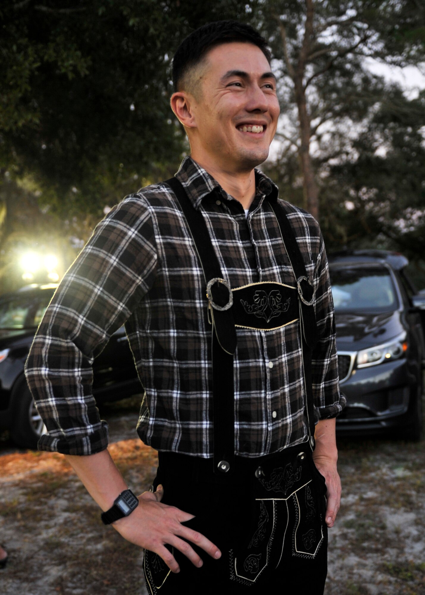 2nd Lt. Earnest Y. Weaver, 337th Air Control Squadron Air Battle Manager student, wears lederhosen for the Oktoberfest event Oct. 17 at Bay View base housing.  Oktoberfest’s main purpose is to boost morale, promote welfare and provide recreation to the base and local community. (U.S. Air Force photo by Airman 1st Class Sergio A. Gamboa)