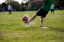Airman participate in a kickball tournament on Langley Air Force Base, Virginia, Oct. 3, 2014. The tournament was one of several events hosted to promote fitness and morale amongst the units for the latest Comprehensive Airman Fitness day.