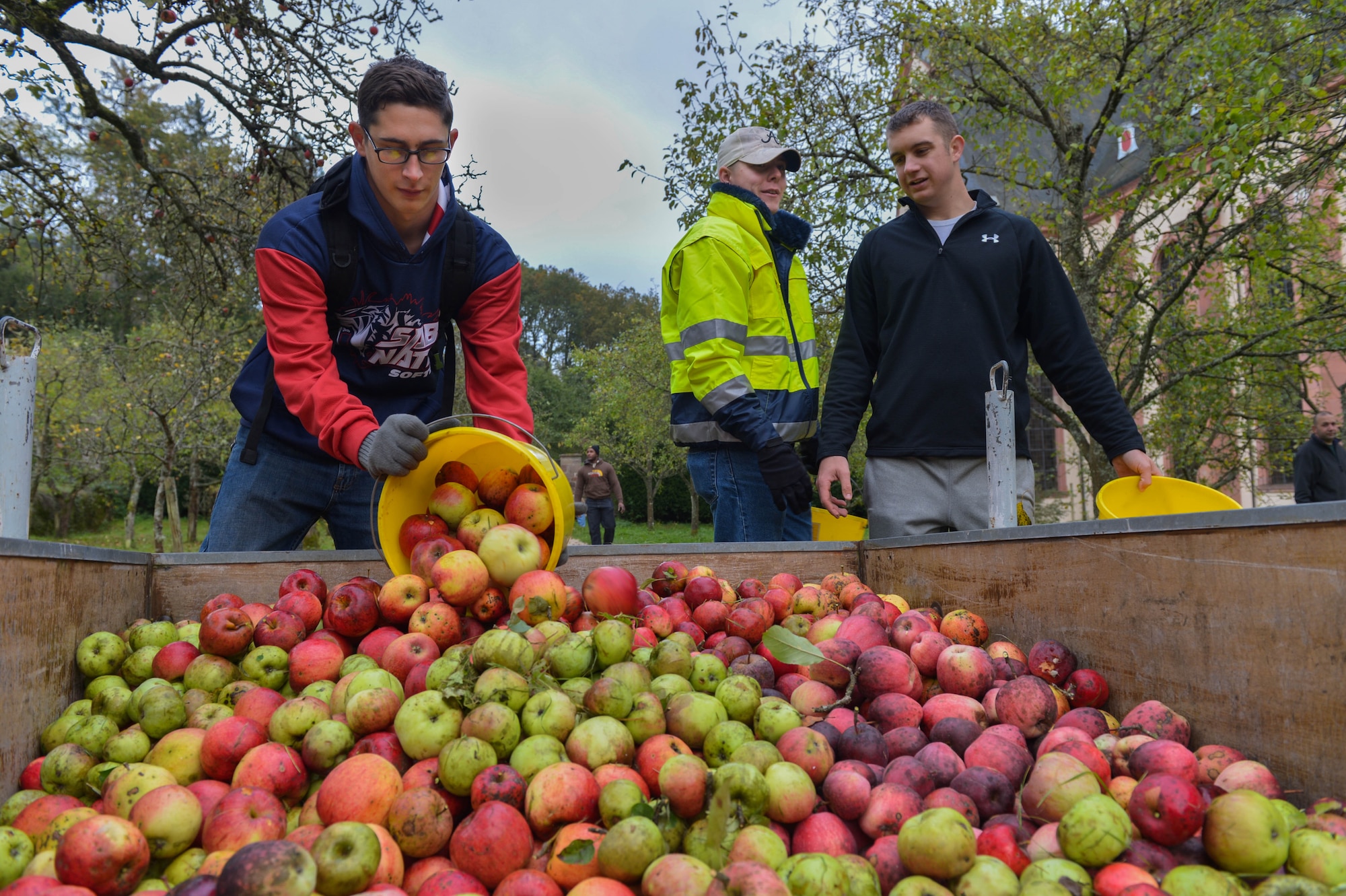 U.S. Air ForceAirman 1st Class IanJerls, left, 52nd Civil Engineer Squadron structural journeyman and native of Scott City, Mo., dumps his bucket of apples into a cart at Himmerod Abbeyin Grosslittgen, Germany, Oct. 21, 2014. The Abbey has approximately 10 monks that make apple cider, honey and other goods using the resources from the land. (U.S. Air Force photo by Airman 1st Class Kyle Gese/Released)