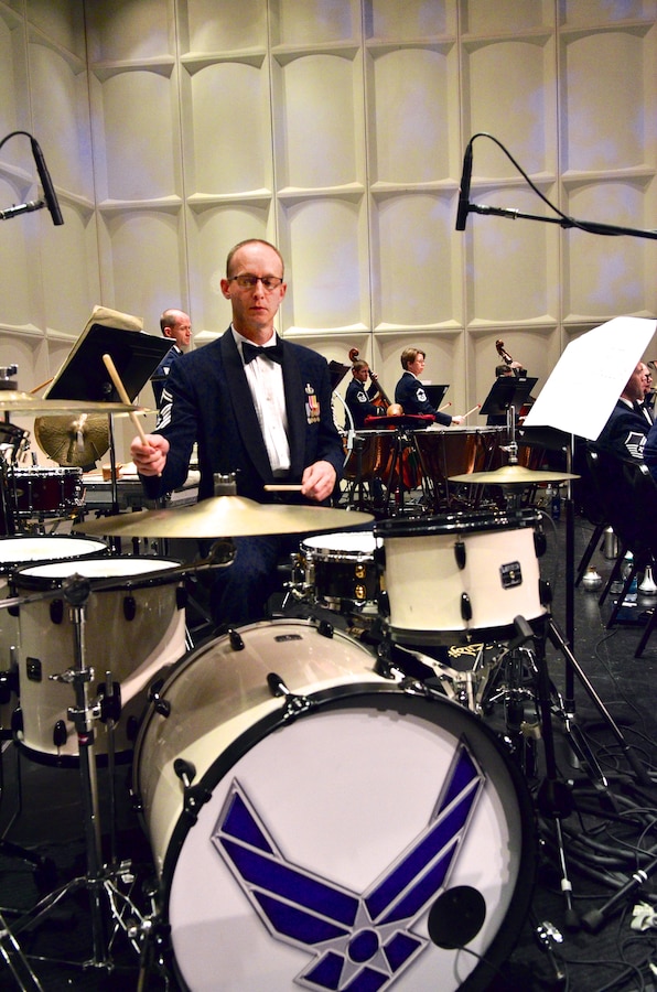 Senior Master Sgt. Dennis Hoffmann performs on drum set with the Concert Band and Singing Sergeants at the Curtis M. Philips Center for the Performing Arts in Gainesville, Florida on Sunday, Oct 18.  The performance was part of a 10-day community relations tour. (U.S. Air Force photo by Senior Master Sgt. Bob Kamholz/released)
