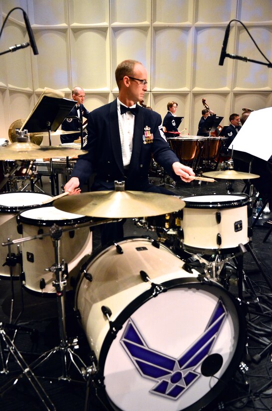 Senior Master Sgt. Dennis Hoffmann performs on drum set with the Concert Band and Singing Sergeants at the Curtis M. Philips Center for the Performing Arts in Gainesville, Florida on Sunday, Oct 18.  The performance was part of a 10-day community relations tour. (U.S. Air Force photo by Senior Master Sgt. Bob Kamholz/released)
