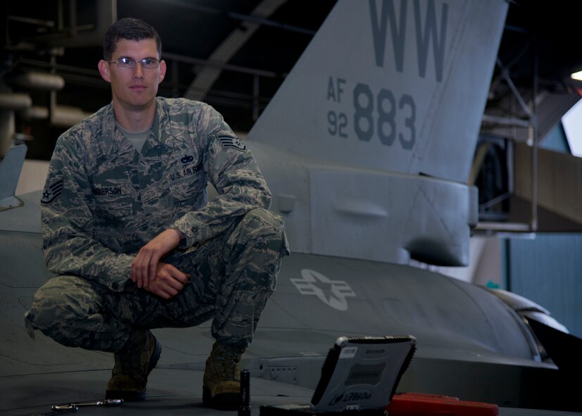 Staff Sgt. Kevin Amberson, 35th Aircraft Maintenance Squadron avionics technician attached to the 14th Aircraft Maintenance Unit, is the Wild Weasel of the Week at Misawa Air Base, Japan, Oct. 23, 2014. As an avionics tech, Amberson has the skills to fix over 20 different systems on the F-16 Fighting Falcon. Amberson has been stationed at Misawa for two years. (U.S. Air Force photo by Staff Sgt. Alyssa C. Wallace)
