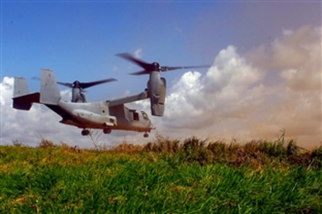 A U.S. Marine Corps MV-22 Osprey lands near Buchanan, Liberia, Oct. 18, 2014. U.S. Africa Command is supporting efforts to contain the Ebola virus outbreak in West Africa with command and control, logistics, training and engineering assets.