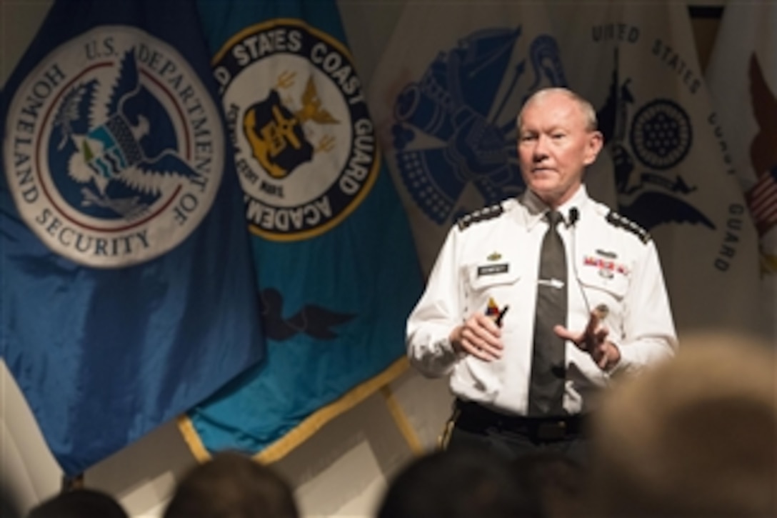 Army Gen. Martin E. Dempsey, chairman of the Joint Chiefs of Staff, addresses future Coast Guard officers and academy faculty at the U.S. Coast Guard Academy in New London, Conn., Oct. 21, 2014. Dempsey discussed topics ranging from future missions to leadership. 