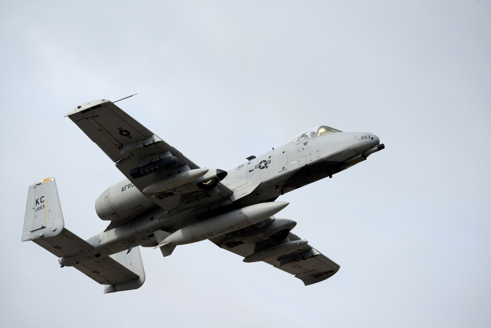 BAGRAM AIRFIELD, Afghanistan -  A-10 Thunderbolt II aircraft, assigned to the 303rd Expeditionary Fighter Squadron, flies above Bagram Airfield, Afghanistan Oct. 19, 2014 after completing a six month deployment in support of Operation Enduring Freedom. The 303 EFS was responsible for close air support operations throughout Afghanistan and was deployed from the 442nd Fighter Wing at Whiteman Air Force Base, Mo. The 303 EFS was succeeded by the 163rd Expeditionary Fighter Squadron.   (U.S. Air Force photo by Master Sgt. Cohen A. Young/Released)