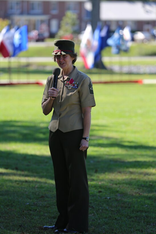 Sgt. Maj. Lisa K Nilsson speaks about her career and thanks guests following her retirement ceremony at Marine Corps Air Station Cherry Point, N.C., Oct. 17, 2014. Nilsson retired from her post as sergeant major of Marine Air Control Group 28 after 30 years of service.