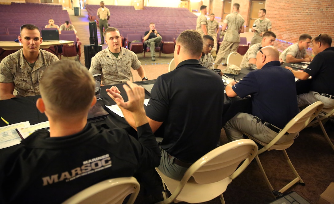 Marines stationed at Marine Corps Air Station Cherry Point, N.C., speak with Marine Special Operations Command Recruiting and Screening team members Marines Oct. 15, 2014. The Marines gathered for a brief that was part of a screening process for Marines interested in becoming a critical skills operator with MARSOC.