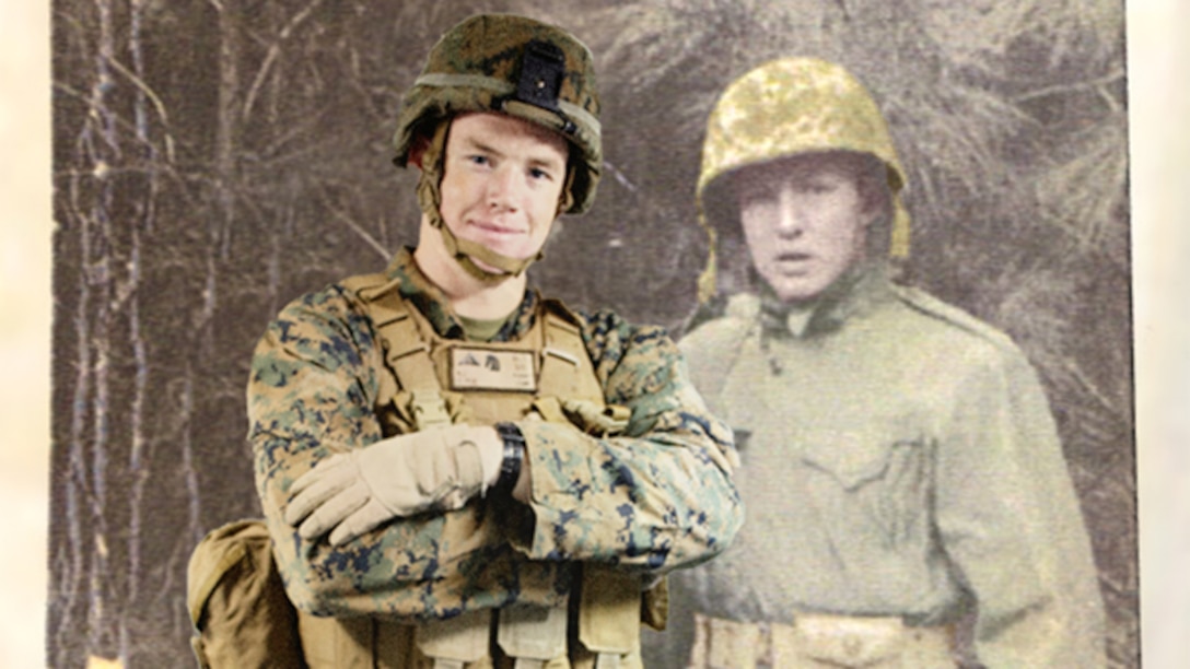 This photo illustration depicts Lance Cpl. Benjamin Ferry and his Grandfather, Richard T. Ferry, side-by-side while each was assigned to 3rd Battalion, 5th Marine Regiment. Coincidentally, both Benjamin and Richard were assigned the same unit with more than 60 years’ difference in service time. Richard served with 3/5 during the Korean War, fighting in Inchon and at the Chosin Reservoir before being evacuated with two wounds suffered in combat. Benjamin is an automatic rifleman and is currently deployed aboard the USS Peleliu with India Company, Battalion Landing Team 3/5, 31st Marine Expeditionary Unit