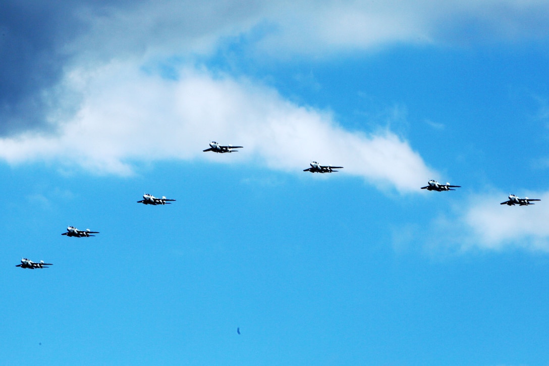 Seven EA-6B Prowlers fly in formation over Marine Corps Air Station Cherry Point, N.C., Oct. 16, 2014. The flight was the first in Marine Corps aviation history to have seven Prowlers from the same squadron fly together in formation. The Marines of Marine Tactical Electronic Warfare Training Squadron 1conducted the fly-bys in celebration of recently being named the recipient of the 2014 Association of Old Crows Marine Corps outstanding unit award.  