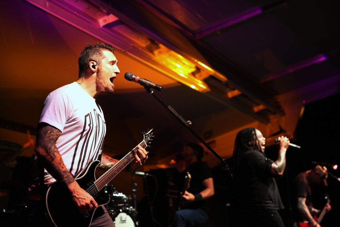 Clint Lowery, left, and Lajon Witherspoon perform during Rocktoberfest at Marine Corps Air Station Cherry Point, N.C., Oct. 16, 2014. The free concert was hosted by Marine Corps Community Services and featured the band Sevendust. 