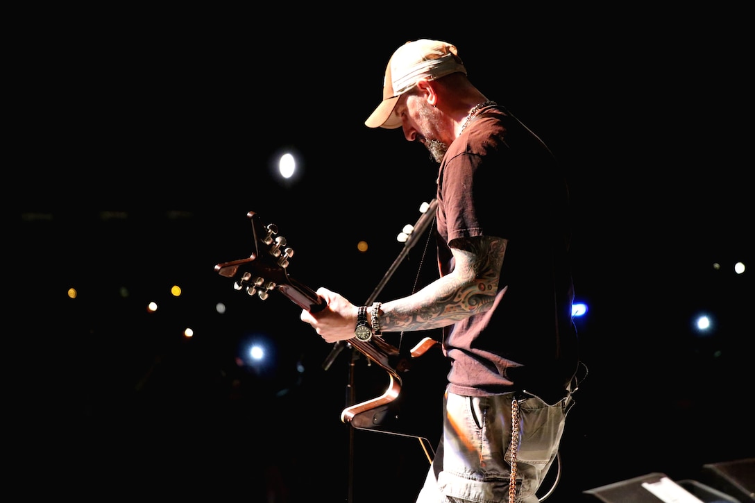 John Connolly plays rhythm guitarist during Rocktoberfest at Marine Corps Air Station Cherry Point, N.C., Oct. 16, 2014. The free event was hosted by Marine Corps Community Services and featured the band Sevendust. Connolly is a native of Atlanta.