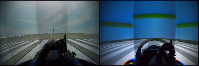 The Virtual Image Takeoff and Landing XI, left, is the visual upgrade system being made to T-6A Texan II simulators. The current system is on the right. The new system includes not only a visual upgrade, but also increased programming capabilities to simulator instructors, like icy runways or blowing dust. Students at Vance Air Force Base, Okla., can expect to fly the new system beginning Oct. 27, 2014. 