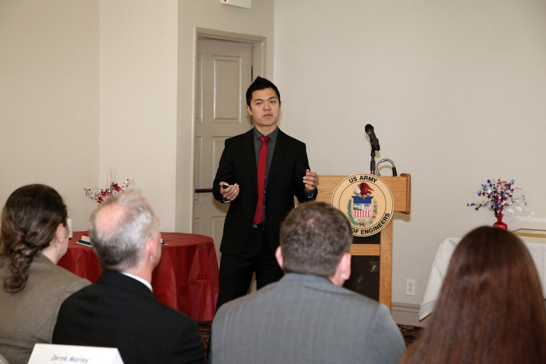 Rueben Sasaki, U.S. Army Corps of Engineers Los Angeles District, delivers his portion of the participants’ project to the leaders from the USACE South Pacific Division gathered for their graduation at Fort MacArthur Oct. 21.