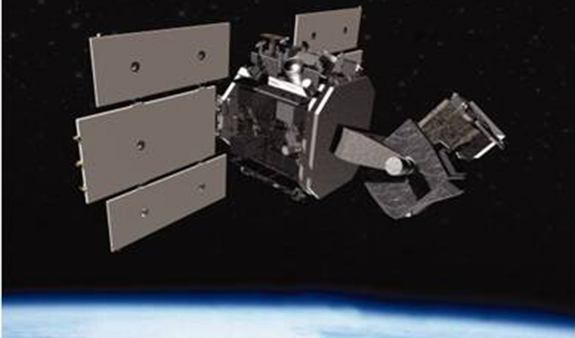 An artist's depiction of the Space Based Space Surveillance satellite. The Joint Space Operations Center uses data collected from the SBSS to track orbiting objects in geostationary low and medium earth orbit, providing space situational awareness to U.S. military and commercial space users. Members of the 1st Space Operations Squadron command and control the satellite. (Courtesy graphic)