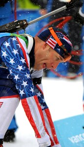 Army Sgt. Jeremy Teela of the Vermont National Guard and the U.S. Army World Class Athlete Program catches his breath after finishing ninth in the Olympic men's 10-kilometer sprint Feb. 14, 2010, at Whistler Olympic Park in British Columbia, Canada. He missed the Olympic men's 20-kilometer individual race yesterday because of illness.