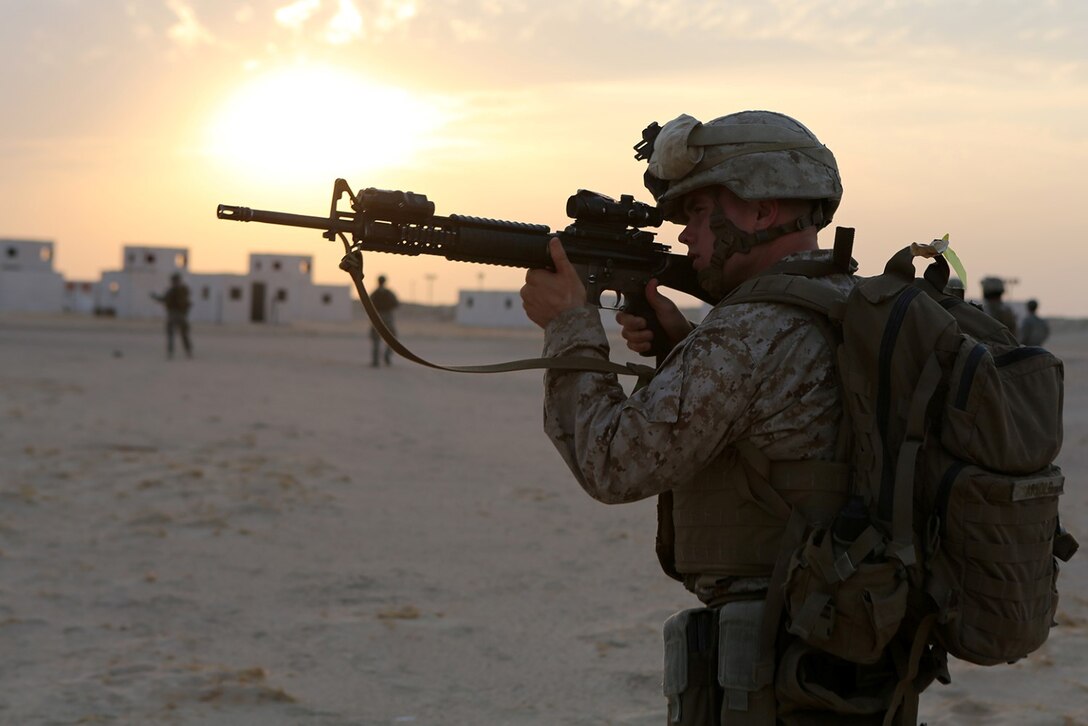 Ryan Arnold, a scout observer with Echo Company, Battalion Landing Team 2nd Battalion, 1st Marines, 11th Marine Expeditionary Unit (MEU), from Halfway, Missouri, provides perimeter security during a multi-national, joint-service casualty evacuation sustainment training evolution. The 11th MEU is deployed with the Makin Island Amphibious Ready Group as a theater reserve and crisis response force throughout U.S. Central Command and the U.S. 5th Fleet area of responsibility. (U.S. Marine Corps photo by Sgt. Melissa Wenger/ Released)