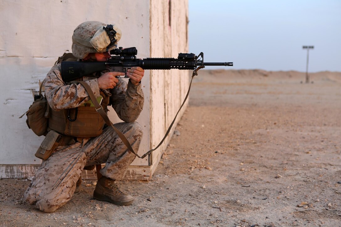 Cpl. Ryan Arnold, a scout observer with Echo Company, Battalion Landing Team 2nd Battalion, 1st Marines, 11th Marine Expeditionary Unit (MEU), from Halfway, Missouri, provides perimeter security during  a multi-national, joint-service casualty evacuation sustainment training evolution. The 11th MEU is deployed with the Makin Island Amphibious Ready Group as a theater reserve and crisis response force throughout U.S. Central Command and the U.S. 5th Fleet area of responsibility. (U.S. Marine Corps photo by Sgt. Melissa Wenger/Released)