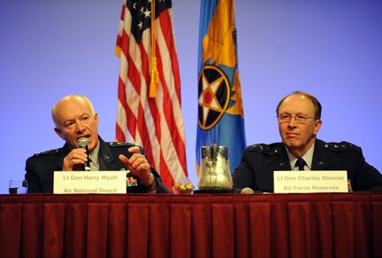 Lt. Gen. Harry M. Wyatt III, left, and Lt. Gen. Charles E. Stenner Jr., discuss the Guard and Reserve components during the Air Force Association's Air Warfare Symposium and Technology Exposition Feb. 19, 2010, at the Rosen Shingle Creek Hotel in Orlando, Fla. Wyatt is the director of the Air National Guard, and Stenner is the commander of Air Force Reserve Command.