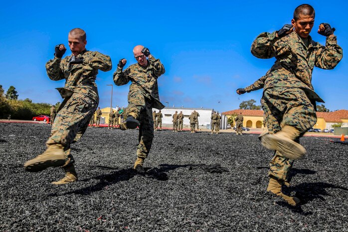 Recruits with Echo Company, 2nd Recruit Training Battalion, execute the round kick technique during their Marine Corps Martial Arts Program test at Marine Corps Recruit Depot, Oct. 8. After recruit training the recruits can work toward earning a MCMAP black belt.