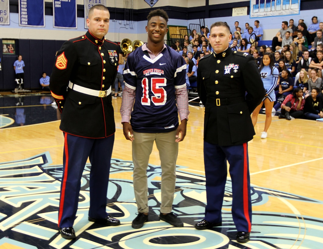 Jordan Whitehead is presented his jersey to play in the Semper Fi All-American Bowl during a pep rally at Central Valley High School, Monaca, Pa. Jordan was the only player from the Western Pennsylvania area to be selected for the game. He has also committed to play football at Pittsburgh University next year.

