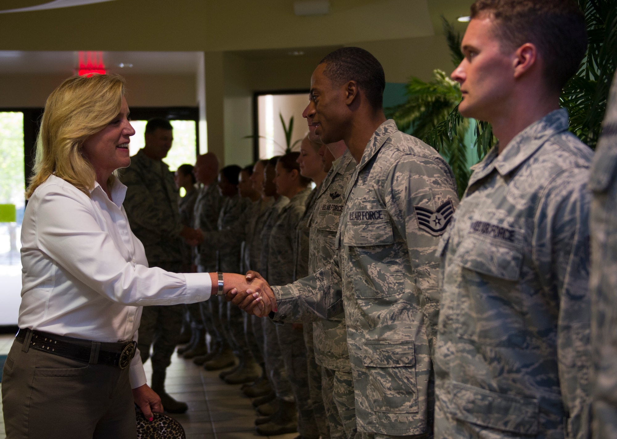 Secretary of the Air Force Deborah Lee James greets Air Commandos at the Riptide Dinning Facility at Hurlburt Field, Fla., Oct. 21, 2014. James met with Airmen and toured various facilities here to familiarize herself with Air Commando operations. (U.S. Air Force photo/Senior Airman Krystal M. Garrett) 