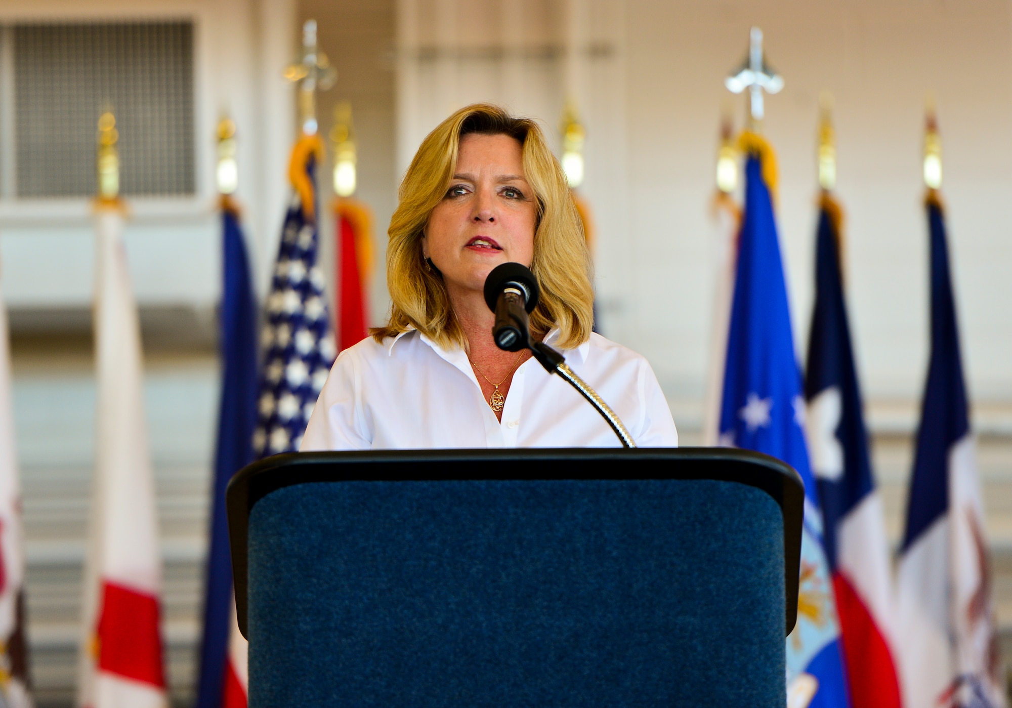 Secretary of the Air Force Deborah Lee James speaks to Air Commandos at the Freedom Hangar on Hurlburt Field, Fla., Oct. 21, 2014. James held an all-call to thank the men and women of Hurlburt Field, take questions and discuss her priorities for the Air Force. (U.S. Air Force photo/Senior Airman Christopher Callaway)