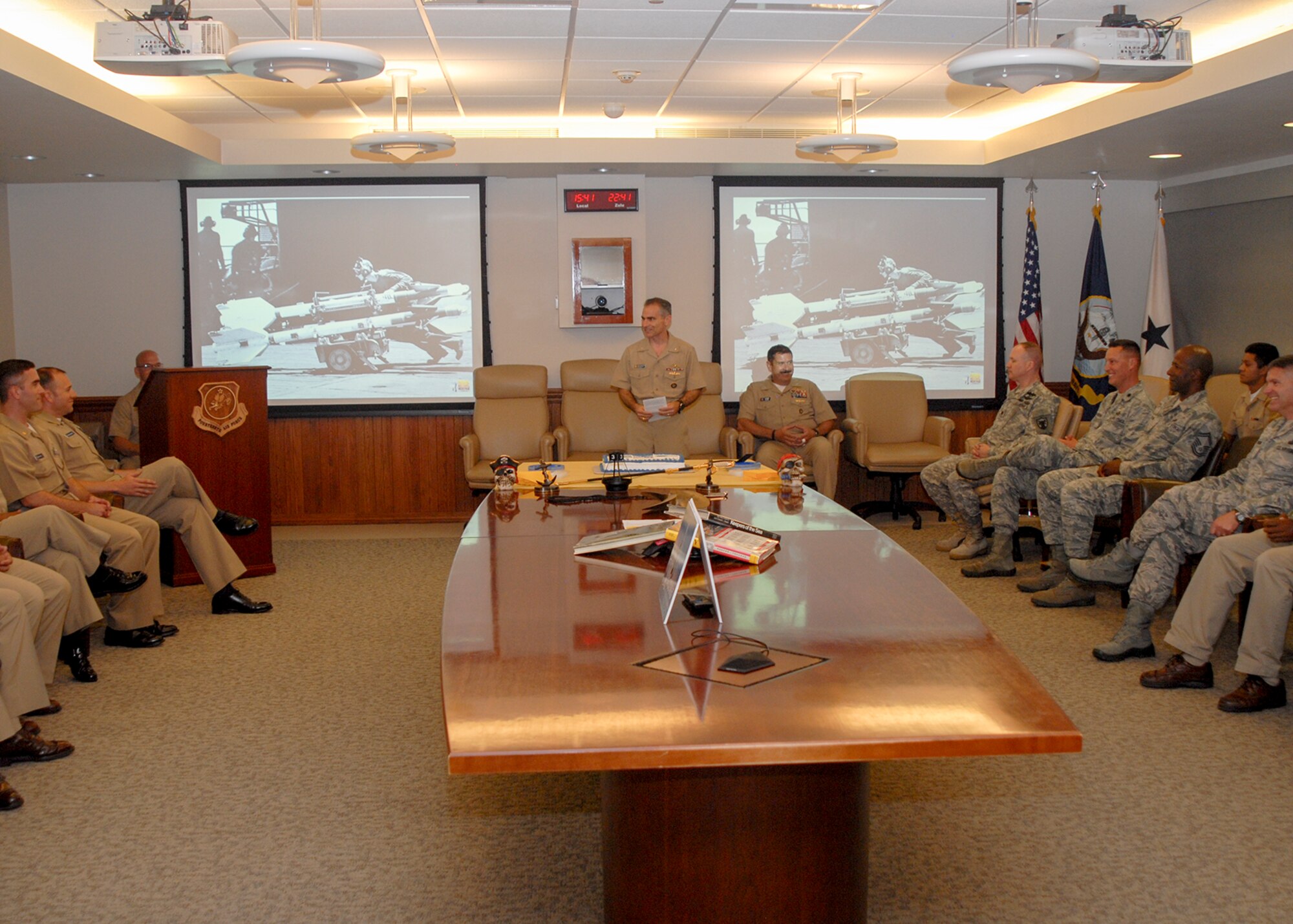 U.S. Navy Rear Adm. Brian Brown, deputy commander, Joint Functional Component Command for Space, addresses the Soldiers, Sailors, Airmen, and civilians of JFCC Space gathered to celebrate the U.S. Navy’s 239th Birthday, Oct. 14, 2014, at Vandenberg Air Force Base, Calif.  This year the Birthday theme is “thanking those who support us.” (U.S. Air Force photo by Capt. Nicholas Mercurio/Released)