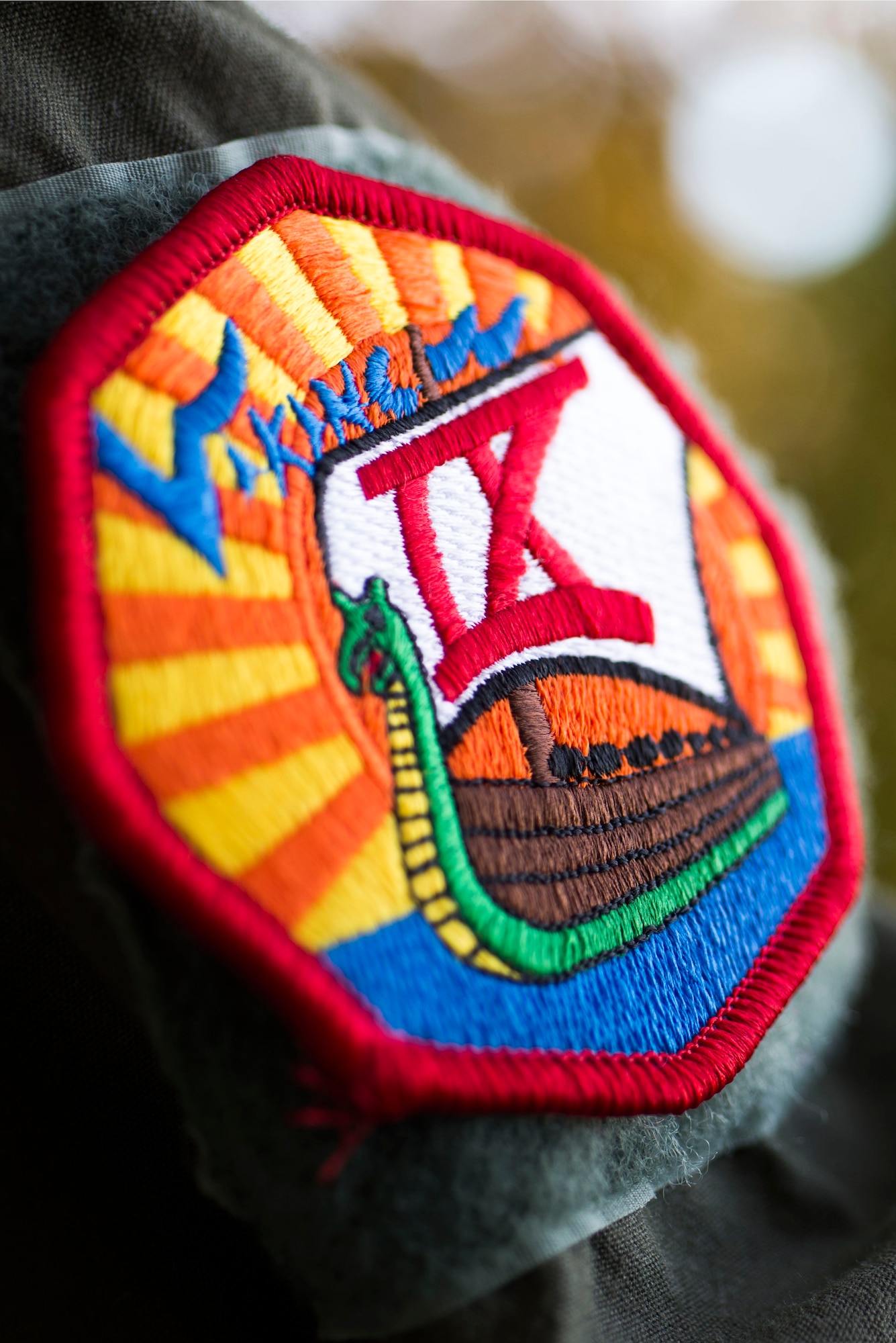 A cadet wears the Cadet Squadron Viking Nine patch on his flight suit at the U.S. Air Force Academy, Colo., Oct. 17, 2014. Airmen from the 23d Wing hosted a Q-and-A for CS-09 cadets to provide mentorship and leadership discussions and answer questions about the operational Air Force. (U.S. Air Force photo by Airman 1st Class Dillian Bamman/Released)