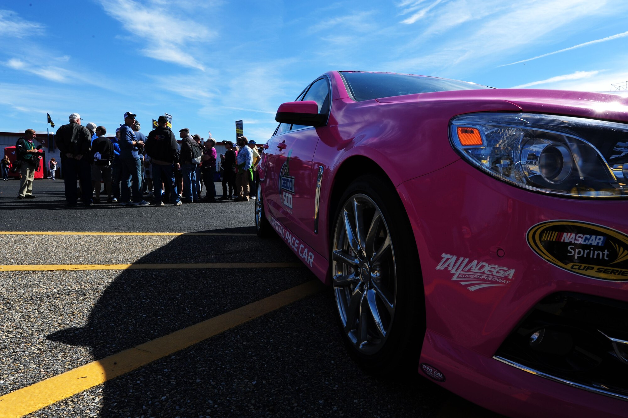 The pace car sits outside the garage and pit area at the Talladega Superspeedway in Talladega, Ala., Oct. 19, 2014. The pace car was painted pink in honor of breast cancer awareness month. (U.S. Air Force photo by Airman 1st Class Alexa Culbert)