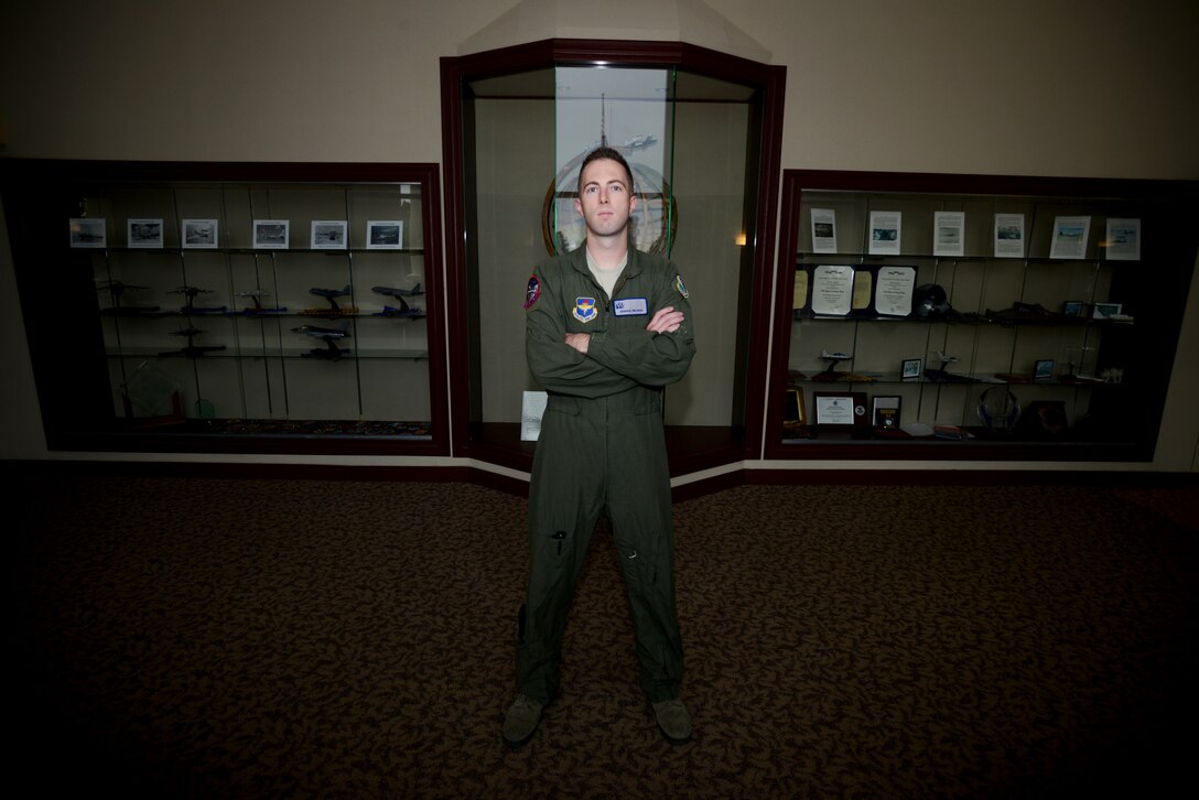 2nd Lt. Joshua Nelson poses for a portrait at the 47th Flying Training Wing headquarters on Oct. 23, 2014. Nelson was credited for stopping a potential murder, then stopping a potential suicide, during a trip to Walmart.(U.S. Air Force photo by Staff Sgt. Steven R. Doty)(Released)