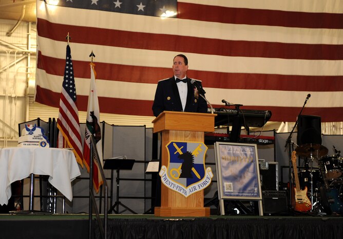 Maj. Gen. John Shanahan, 25th Air Force commander, speaks during Beale’s Air Force Ball held on Beale Air Force Base, Calif., Oct. 18, 2014. Shanahan was the guest speaker of the event. (U.S. Air Force photo by Staff Sgt. Robert M. Trujillo/Released)