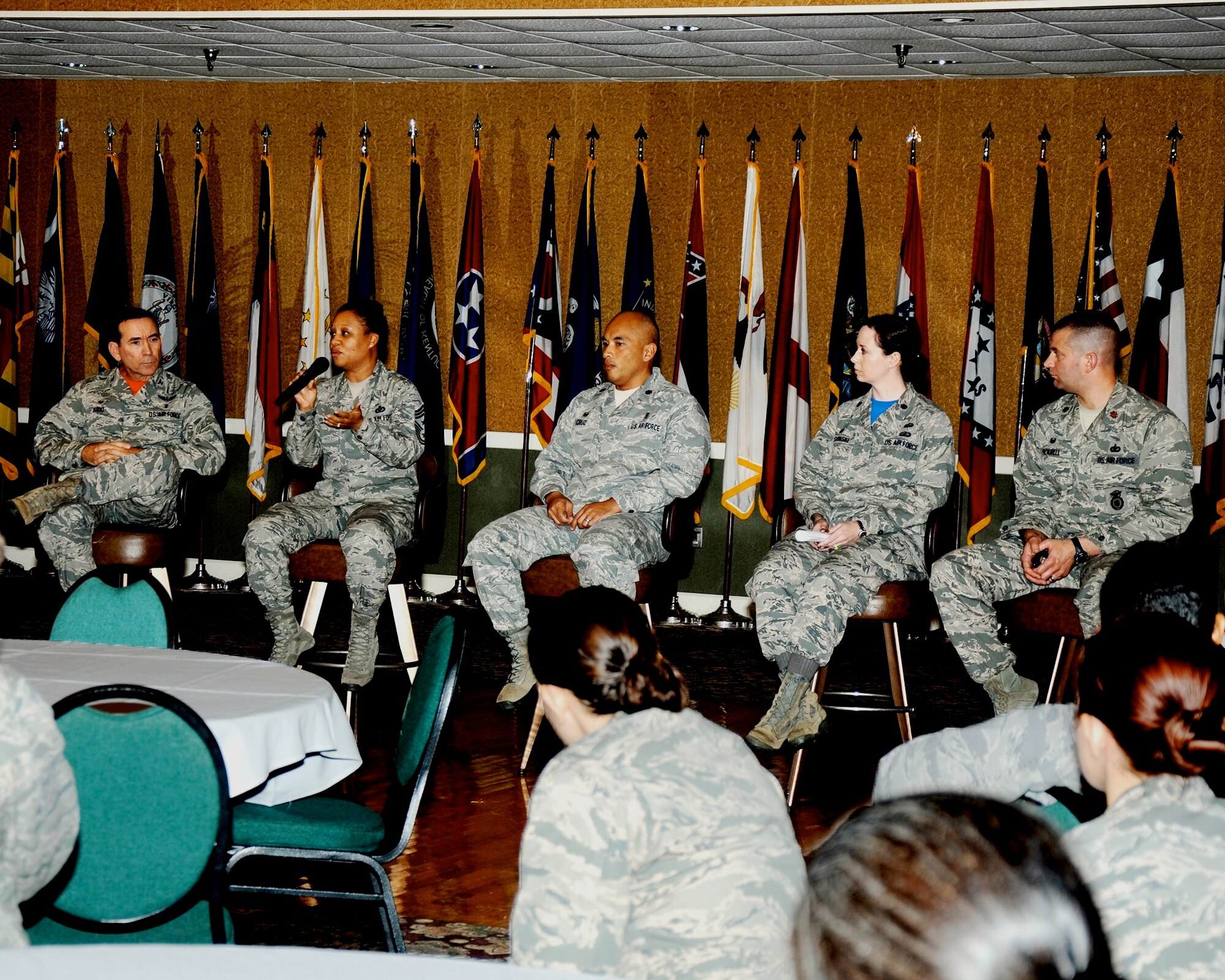 Columbus Air Force Base leadership speaks to company grade officers during a CGO Sexual Assault Prevention and Response forum Oct. 17 at the Columbus Club. CGOs volunteered for the chance to learn about several ways of dealing with sexual assault as a leader. (U.S. Air Force photo/Sharon Ybarra) 