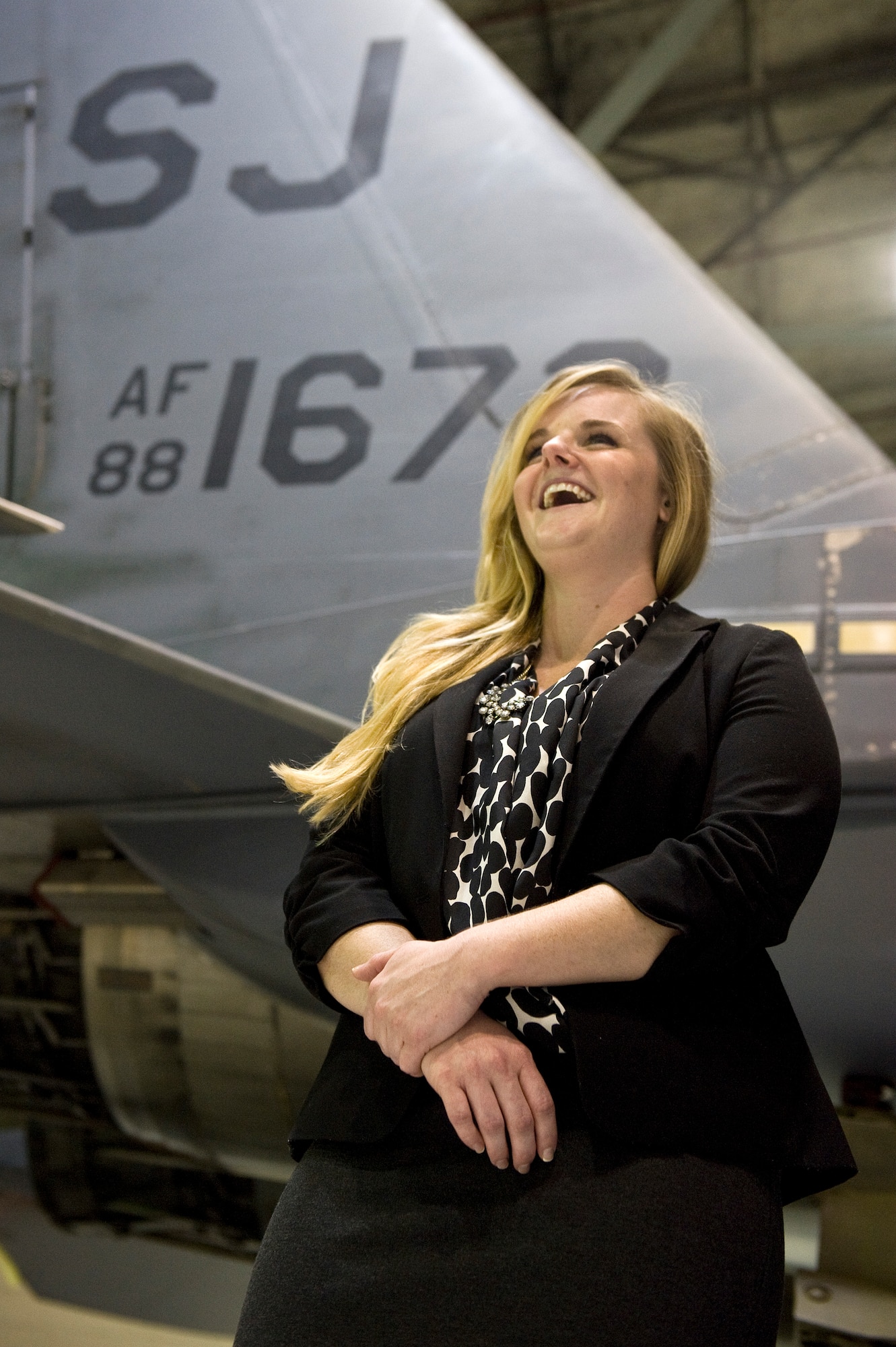 Jaime Thompson, U.S. Navy Lt. Seymour Johnson’s great-granddaughter, received a tour of Seymour Johnson Air Force Base, North Carolina, Oct. 17, 2014, wherein she familiarized herself with Seymour Johnson’s history; both the man and the base. For the first time in her life she was able to discover the full legacy left behind by her great-grandfather. (U.S. Air Force photo/Airman 1st Class Aaron Jenne)