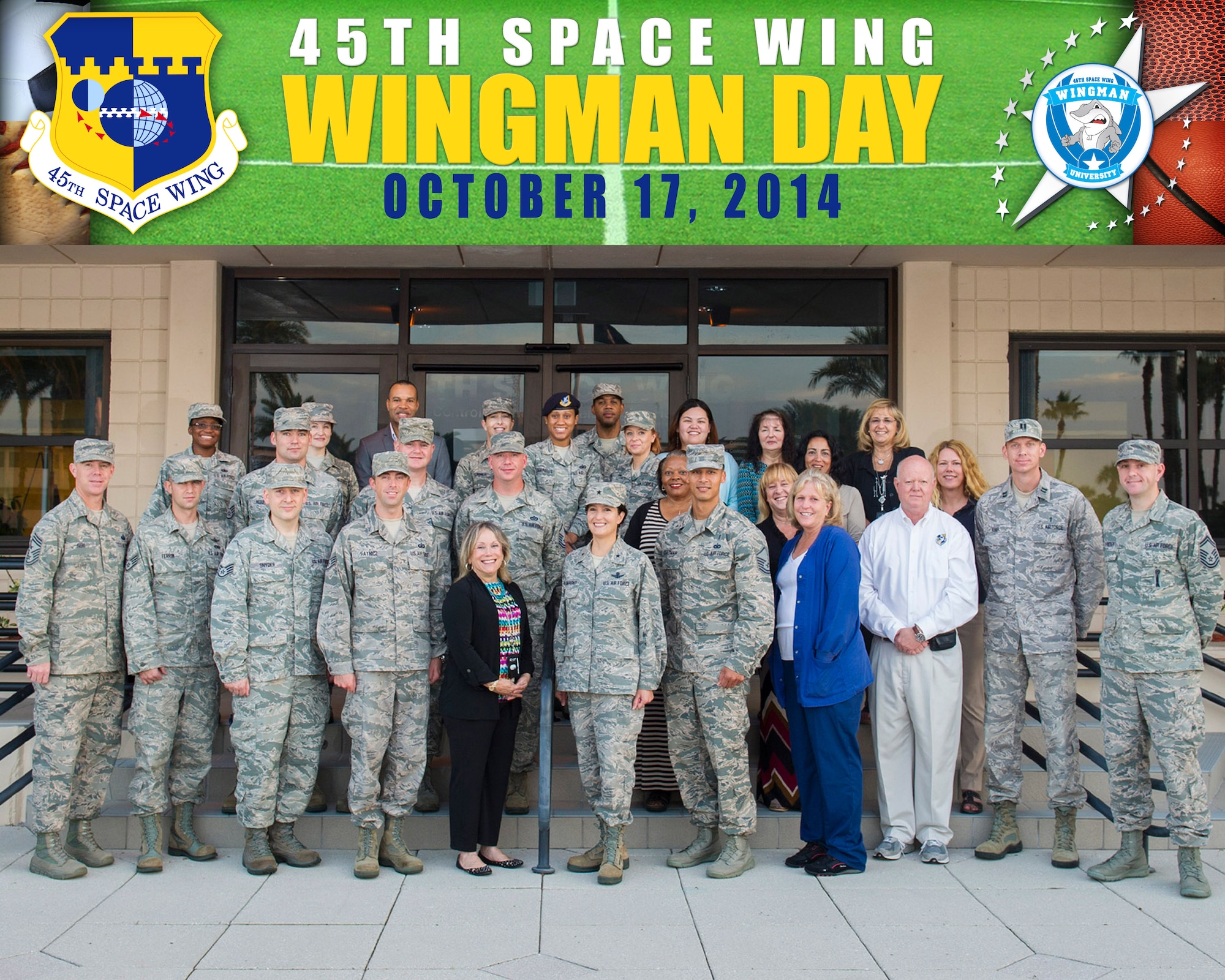 Wingman Day instructors pose for a photo, Oct 21, 2014, at Patrick Air Force Base, Fla. Wingman Day kicked off with a run, followed by an All Call, and then the team traveled to the small group classes of their choice, which were written by Airmen and the Integrated Delivery System agency members. (U.S. Air Force photo/Matthew Jurgens) (Released) 