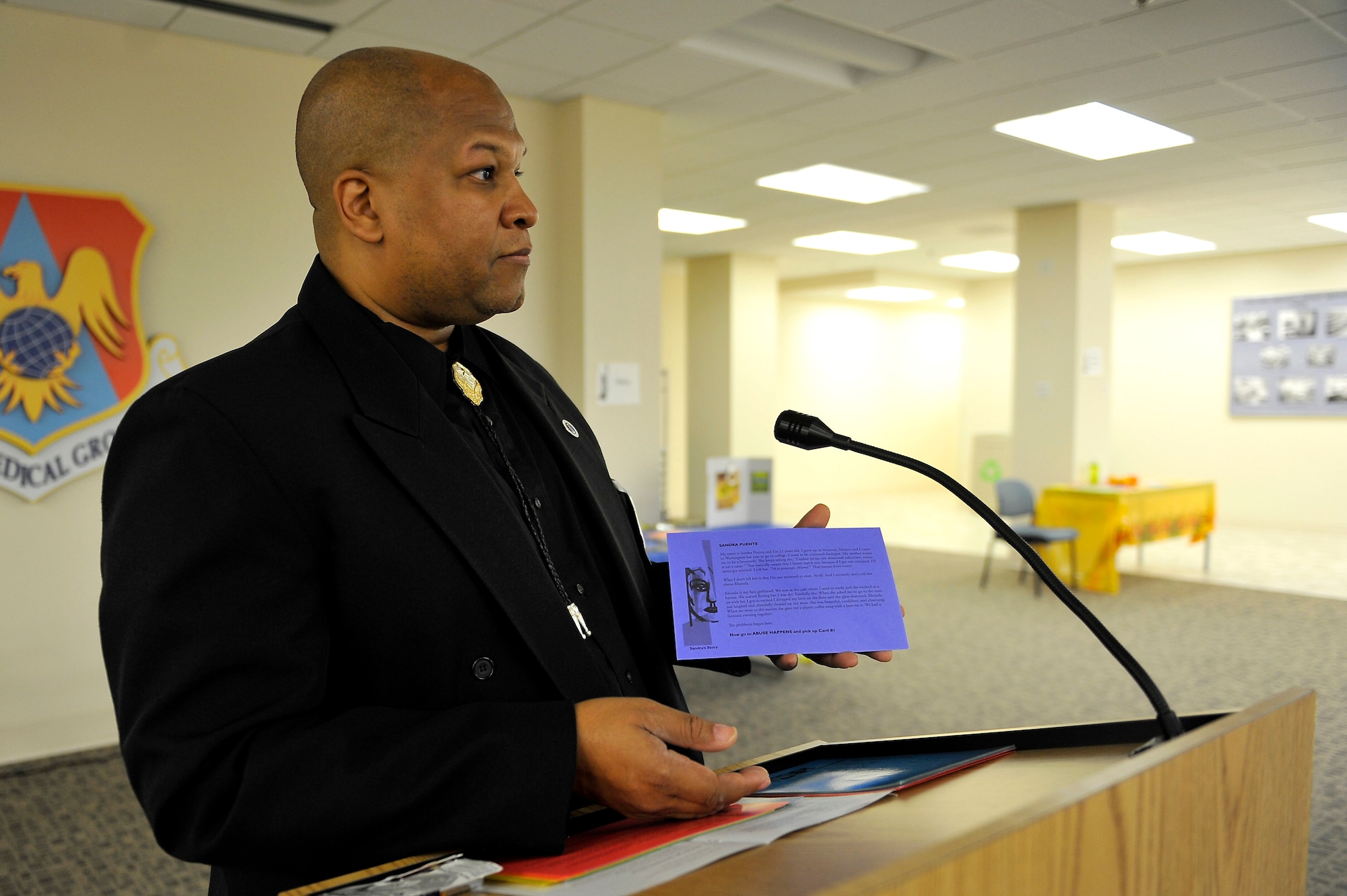 William White speaks during a domestic violence seminar Oct. 17 at Scott. The seminar, "In Her Shoes," had participants walk through a scenario involving domestic violence. (U.S. Air Force photo/Airman 1st Class Kiana Brothers)