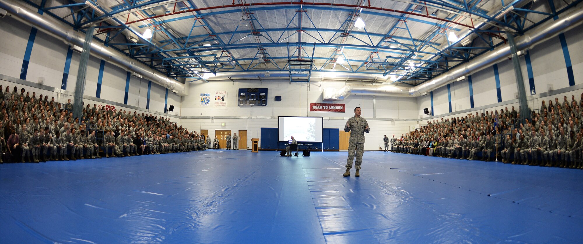 Col. Robert Novotny, 48th Fighter Wing commander, addresses Liberty Wing Airmen during a commander’s call at Royal Air Force Lakenheath, England. Novotny stressed the importance of maintaining and enforcing standards on a daily basis. (U.S. Air Force photo by Staff Sgt. Emerson Nuñez/Released)   