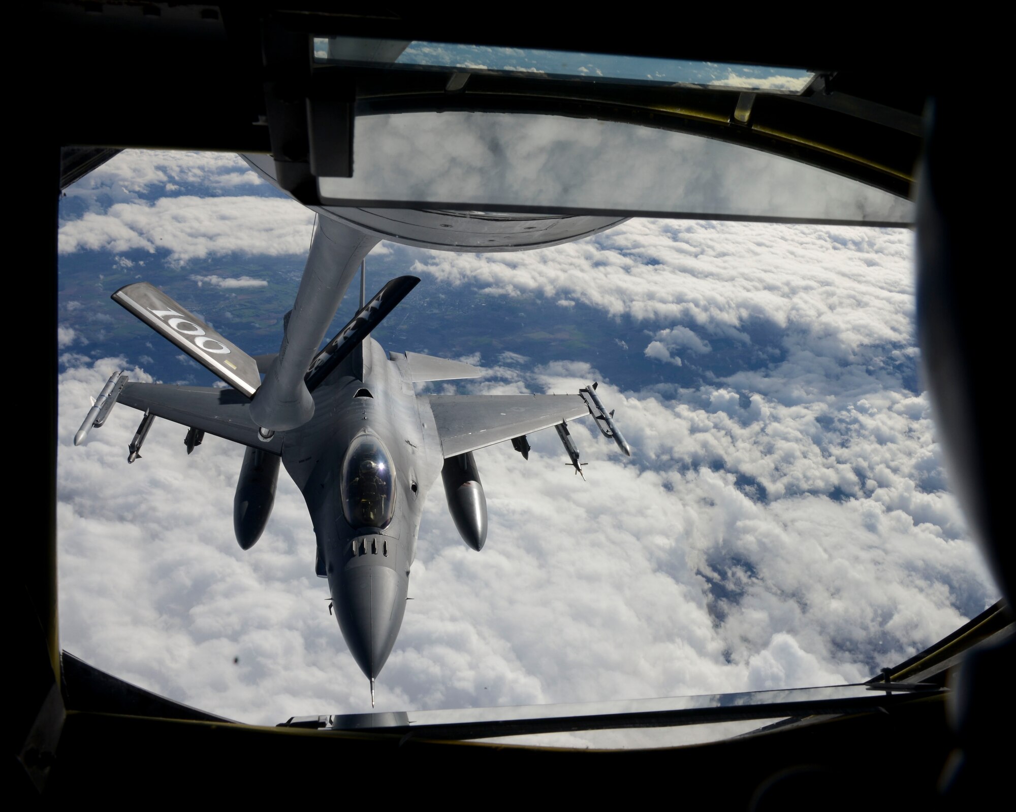A U.S. Air Force F-16 Fighting Falcon from Spangdahlem Air Base, Germany, prepares to take on fuel from a KC-135 Stratotanker assigned to RAF Mildenhall, England, during the NATO-led exercise Noble Justification Oct. 21, 2014, hosted by Istres Air Base, France. The exercise involves more than 13,000 service members and takes place across Europe and the Mediterranean. NATO regularly exercises to maintain readiness and to provide the early establishment of NATO military presence. (U.S. Air Force photo/Senior Airman Victoria H. Taylor/Released)