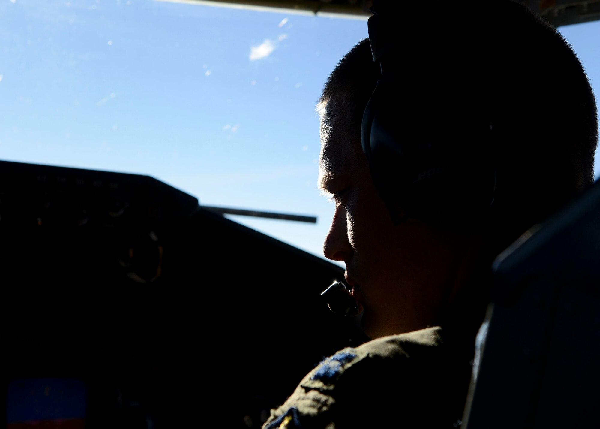 U.S. Air Force Capt. Christopher Mantle, 100th Air Refueling Wing pilot from San Antonio, pilots a KC-135 Stratotanker assigned to RAF Mildenhall, England, during the NATO-led exercise Noble Justification Oct. 21, 2014, hosted by Istres Air Base, France. The exercise involves more than 13,000 service members and takes place across Europe and the Mediterranean. (U.S. Air Force photo/Senior Airman Victoria H. Taylor/Released)