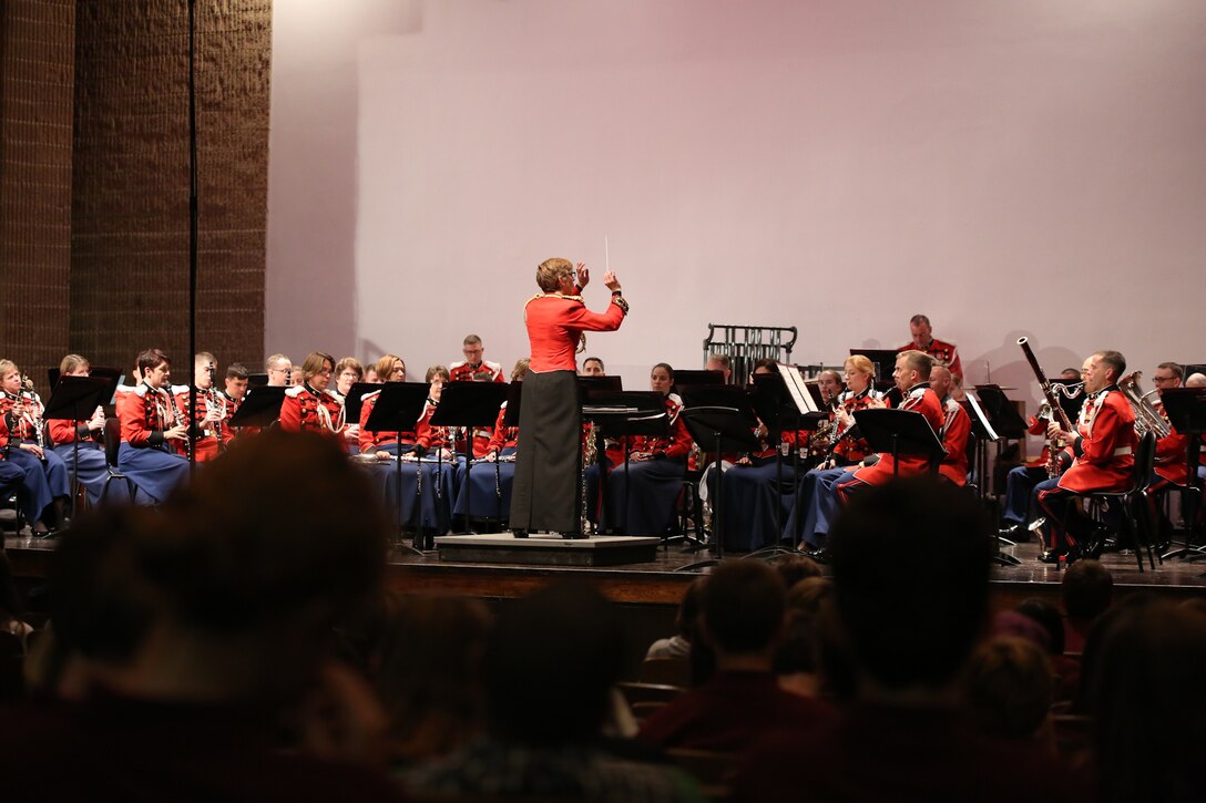 On Oct. 22, 2014, the Marine Band, conducted by Assistant Director Major Michelle Rakers, performed for Baltimore-area high school band students at Loch Raven High School in Towson, Md. (U.S. Marine Corps photo by Master Sgt. Kristin duBois/released)
