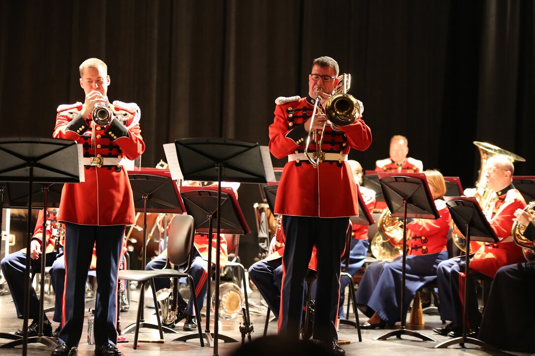 On Oct. 23, 2014, the Marine Band, conducted by Assistant Director Major Michelle Rakers, performed for Baltimore-area high school and middle school band students at Dundalk High School in Baltimore. (U.S. Marine Corps photo by Master Sgt. Kristin duBois/released)