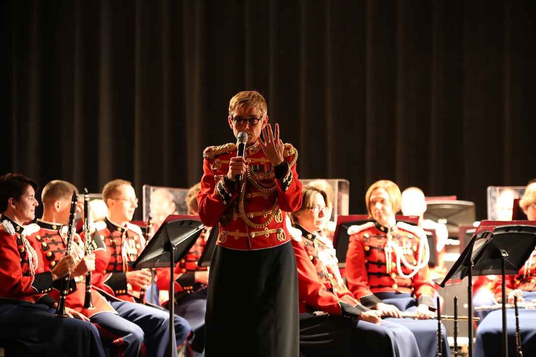 On Oct. 23, 2014, the Marine Band, conducted by Assistant Director Major Michelle Rakers, performed for Baltimore-area high school and middle school band students at Dundalk High School in Baltimore. (U.S. Marine Corps photo by Master Sgt. Kristin duBois/released)