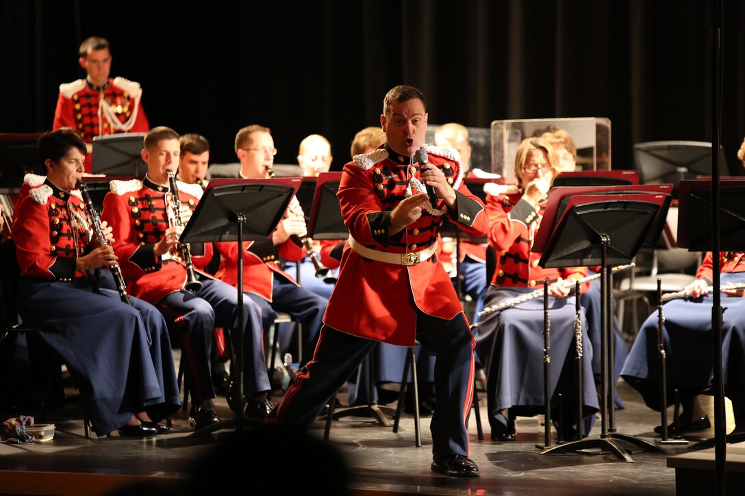 On Oct. 23, 2014, the Marine Band, conducted by Assistant Director Major Michelle Rakers, performed for Baltimore-area high school and middle school band students at Dundalk High School in Baltimore. (U.S. Marine Corps photo by Master Sgt. Kristin duBois/released)
