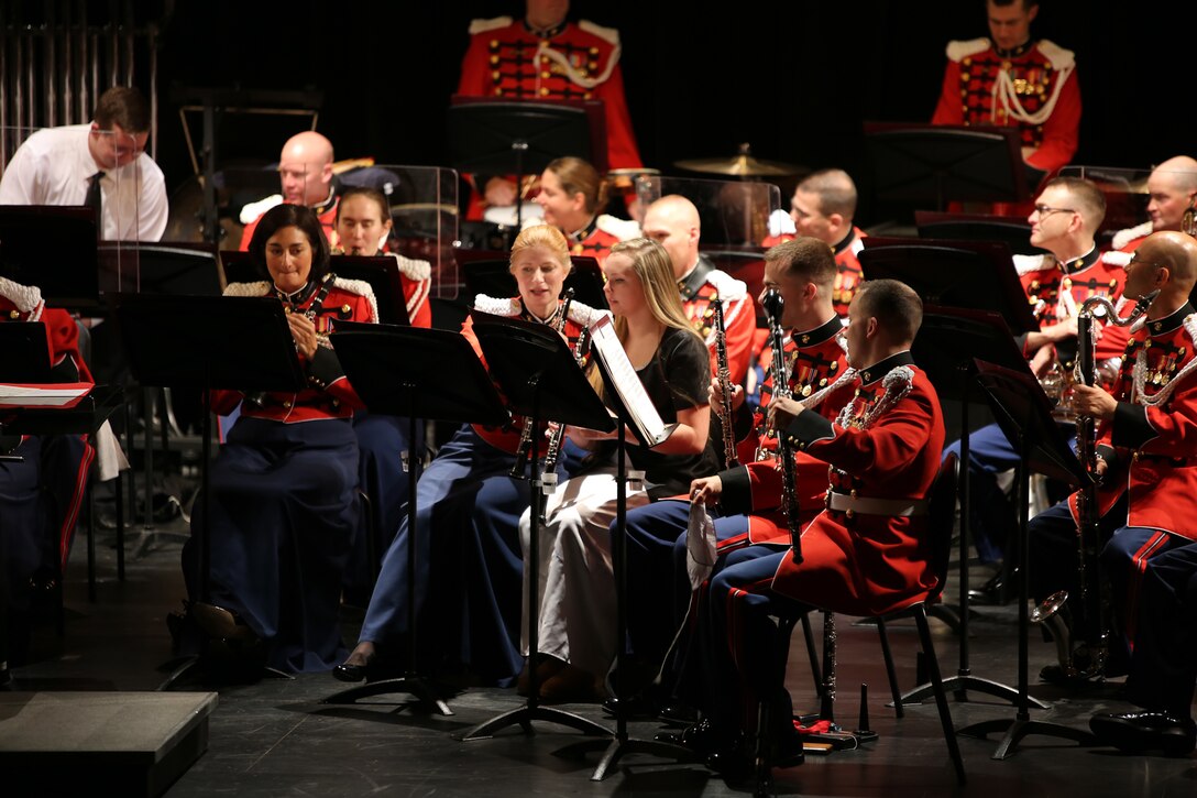 On Oct. 23, 2014, the Marine Band, conducted by Assistant Director Major Michelle Rakers, performed for Baltimore-area high school and middle school band students at Dundalk High School in Baltimore. (U.S. Marine Corps photo by Master Sgt. Kristin duBois/released)