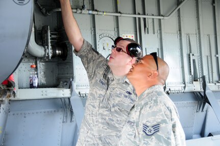 Senior Master Sgt. John Swearingen, superintendant of the 176th Civil Engineer Squadron's Electrical Section, provides guidance to Tech. Sgt. Christine Dick, one of the squadron's heating, ventilation and air conditioning technicians, as she repairs a faulty air conditioning unit Feb. 9, 2010. The squadron is in Puerto Rico for two weeks to train its members on a wide range of infrastructure projects and other upgrades.