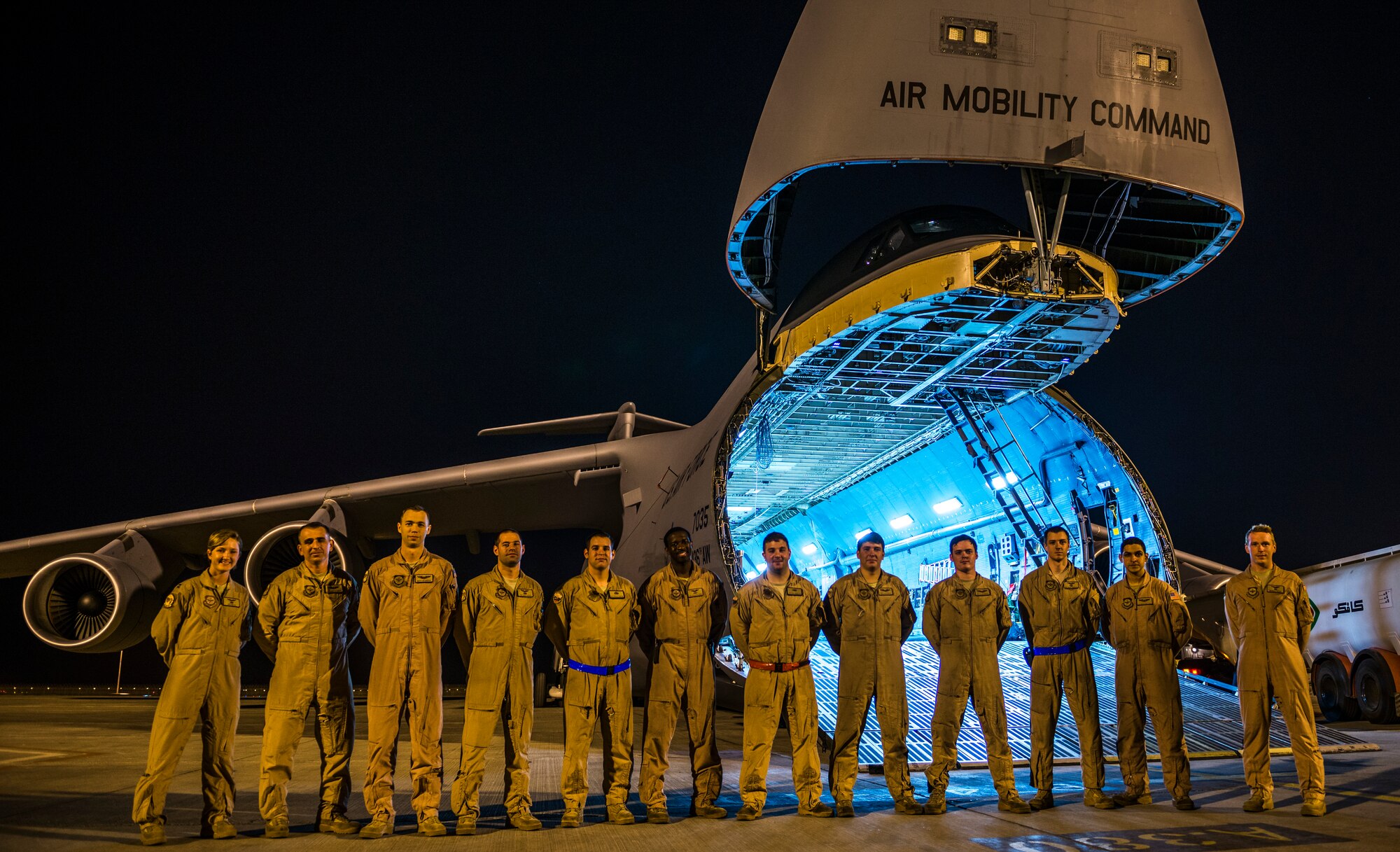 Aircrew from the 9th Airlift Squadron pose in front of a C-5M Super Galaxy after completing a mission to Afghanistan Oct. 7, 2014, at an undisclosed location in Southwest Asia. These Airmen transported more than 266,000 pounds of cargo as part of retrograde operations in Afghanistan. Aircrews for the retrograde operations, managed by the 385th Air Expeditionary Group Detachment 1, surpassed 11 million pounds of cargo transported in a 50-day period. During this time frame, crews under the 385th AEG broke Air Mobility Command’s operational cargo load record five times. The heaviest load to date is 280,880 pounds. (U.S. Air Force photo by Staff Sgt. Jeremy Bowcock)