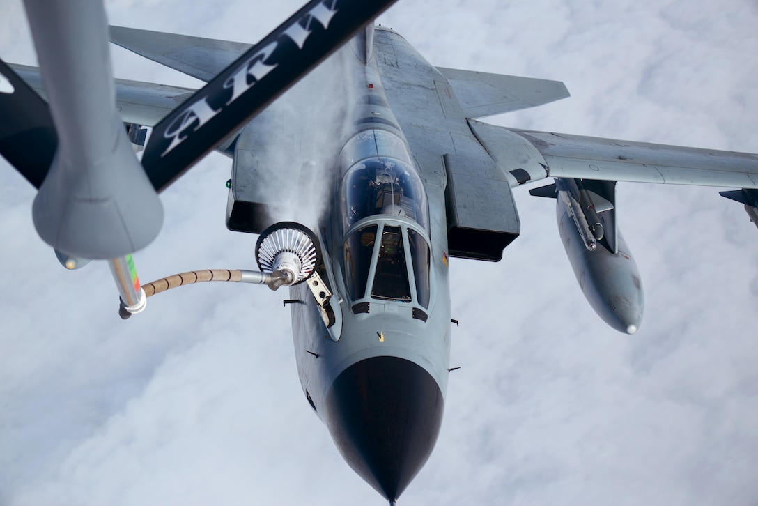 A German Luftwaffe Tornado disconnects from the boom of a KC-135 Stratotanker Oct. 14, 2014, over Germany. Since the beginning of fiscal year 2015, Airmen at Royal Air Force Station Mildenhall, England, have performed 62 air refueling missions. (U.S. Air Force photo/Airman 1st Class Dillon Johnston)