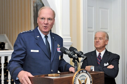 Air Force Gen. Craig McKinley, the chief of the National Guard Bureau, thanks Vice President Joe Biden and his wife, Dr. Jill Biden, for their support of the National Guard during a reception for the National Guard adjutants general of the states and territories of the United States at the Vice President's Residence in Washington, D.C., on Feb. 22, 2010.