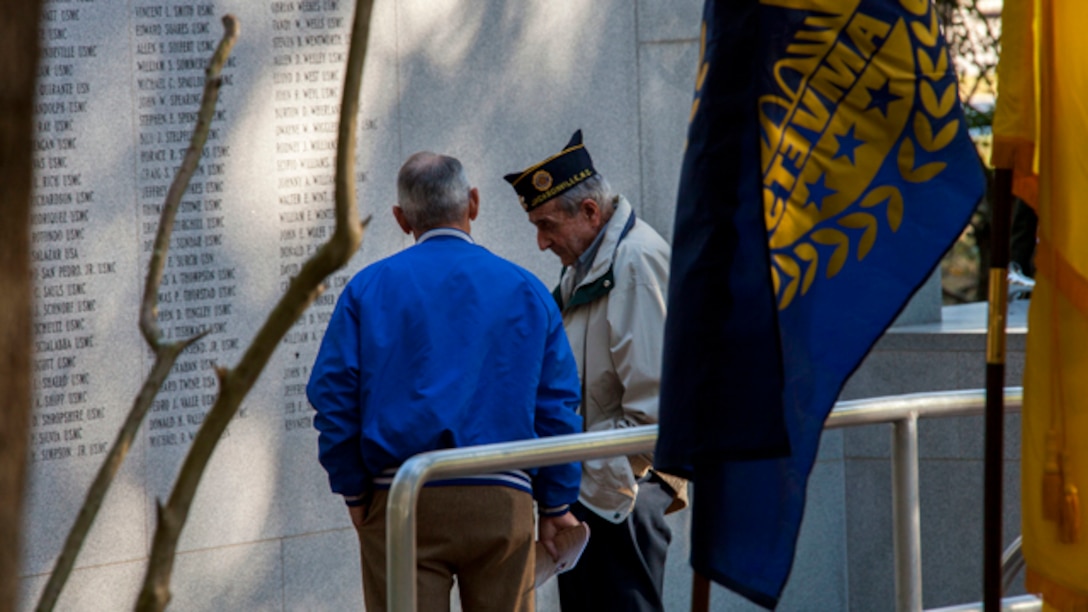 U.S. Military veterans have a moment of silence before the 31st Beirut Memorial Observance Ceremony at the Beirut Memorial, Jacksonville, N.C., Oct. 23, 2014. Each year, a memorial observance takes place on October 23rd to remember those lives lost at the Beirut barracks bombing in Beirut, Lebanon. (U.S. Marine Corps photo by Cpl. Carolyn P. Pichardo, MCI-East Combat Camera/Released)