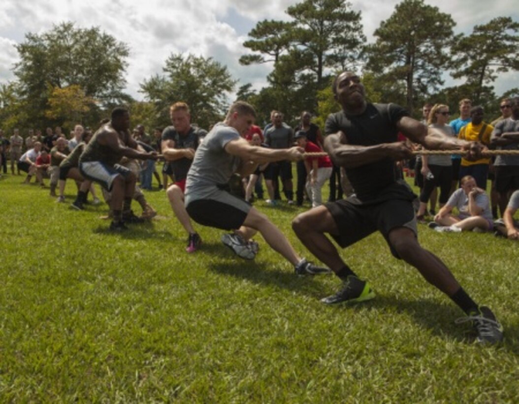 Marines compete in a tug-of-war competition during the CLR-2 field meet.
