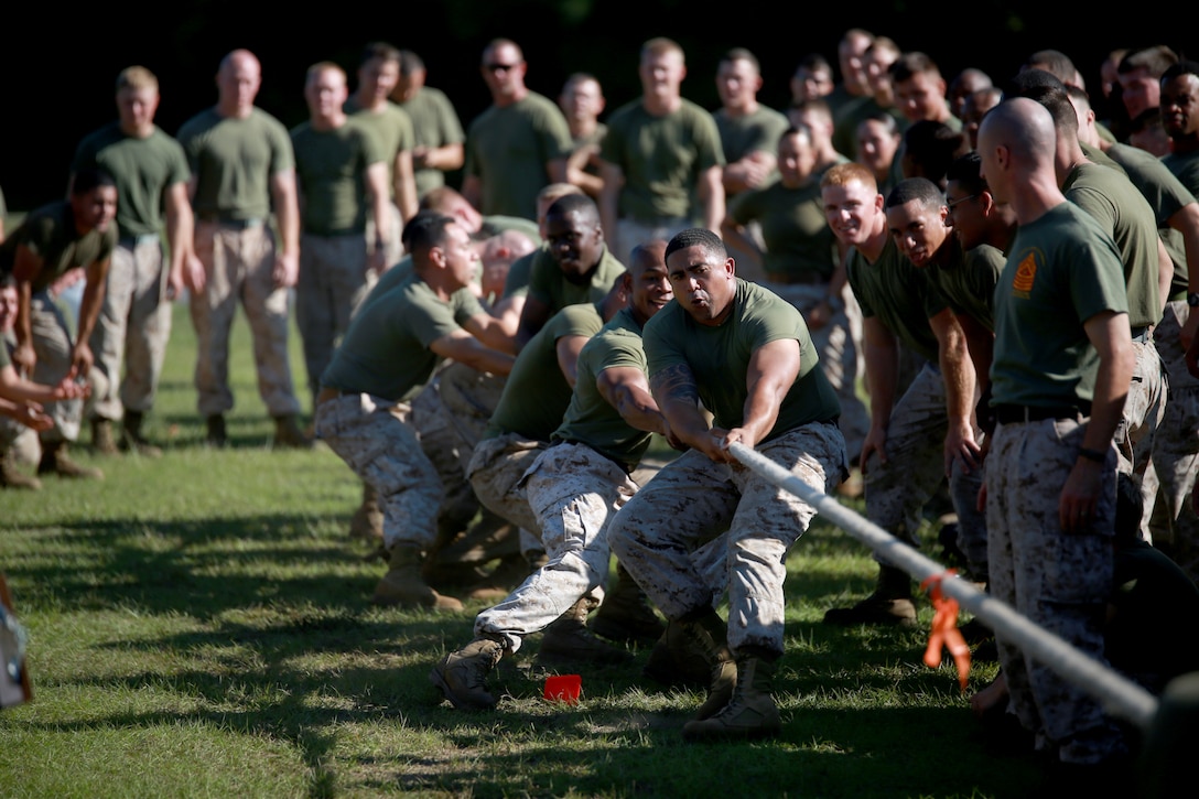 The Marines of Marine Wing Support Squadron 273 participate in a squadron-wide field meet aboard Marine Corps Air Station Beaufort, Oct. 10. The field meet consisted of various events including humvee pull, 7-ton pull, relay race, obstacle course relay, tug-of-war and a pull up competition. Marine Wing Support Squadron 273 provides all essential aviation ground support to a designated fixed-wing component of a Marine Aviation Combat Element (ACE), and all supporting or attached elements of the Marine Air Control Group (MACG). This support includes: internal airfield communications, weather services, expeditionary airfield services, aircraft rescue and firefighting, aircraft and ground refueling, essential engineering services, motor transport, messing, chemical defense, security and law enforcement, airbase commandant functions, and explosive ordinance disposal.